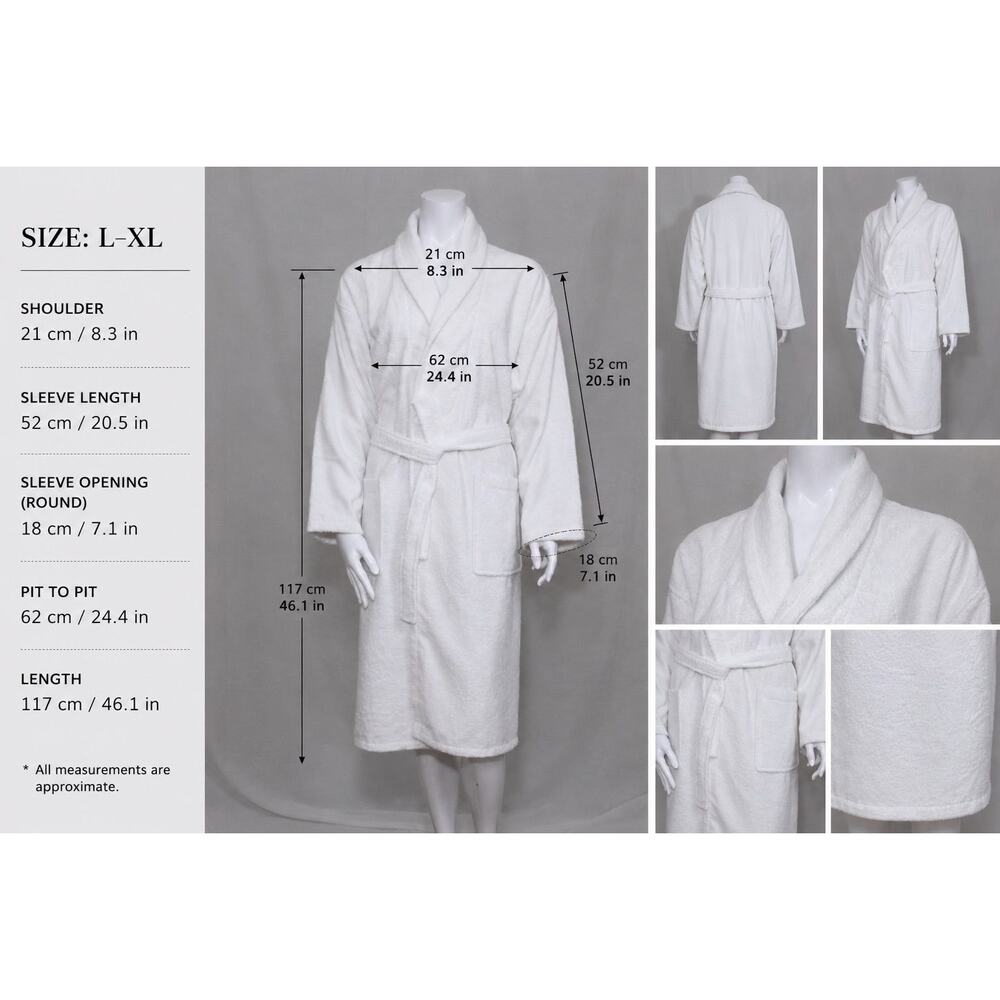 White Bathrobe 100% Cotton L-XL Turkish Towel Robe Soft Spa Hotel Quality Unisex - Picture 3 of 7